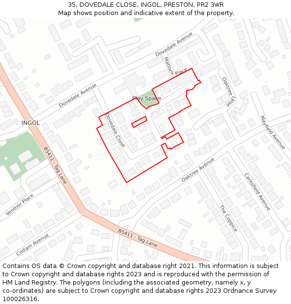 35, DOVEDALE CLOSE, INGOL, PRESTON, PR2 3WR: Location map and indicative extent of plot