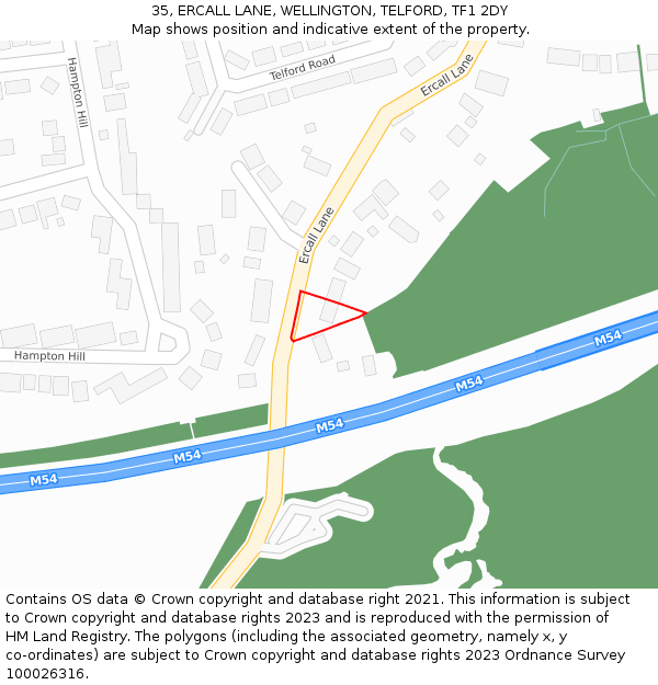 35, ERCALL LANE, WELLINGTON, TELFORD, TF1 2DY: Location map and indicative extent of plot