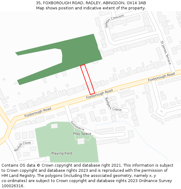 35, FOXBOROUGH ROAD, RADLEY, ABINGDON, OX14 3AB: Location map and indicative extent of plot