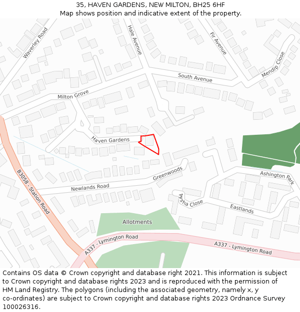 35, HAVEN GARDENS, NEW MILTON, BH25 6HF: Location map and indicative extent of plot