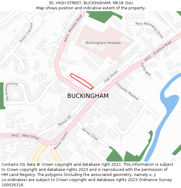 35, HIGH STREET, BUCKINGHAM, MK18 1NU: Location map and indicative extent of plot