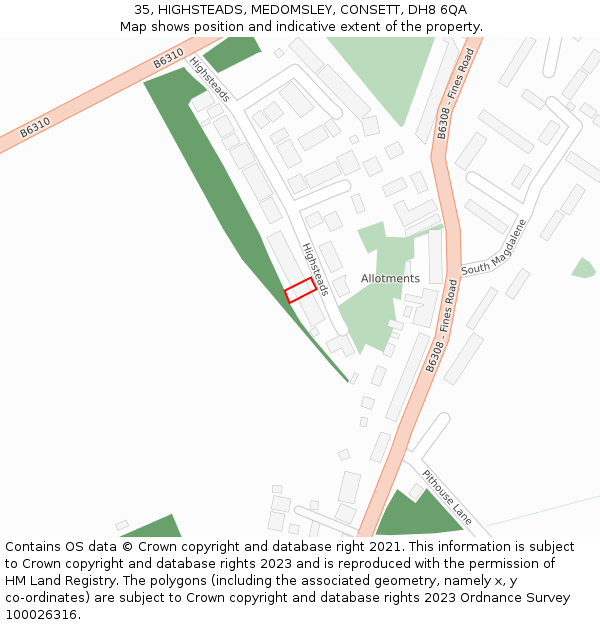 35, HIGHSTEADS, MEDOMSLEY, CONSETT, DH8 6QA: Location map and indicative extent of plot