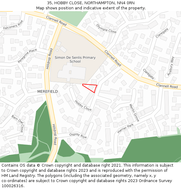 35, HOBBY CLOSE, NORTHAMPTON, NN4 0RN: Location map and indicative extent of plot