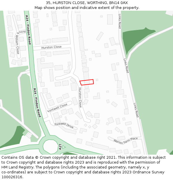 35, HURSTON CLOSE, WORTHING, BN14 0AX: Location map and indicative extent of plot