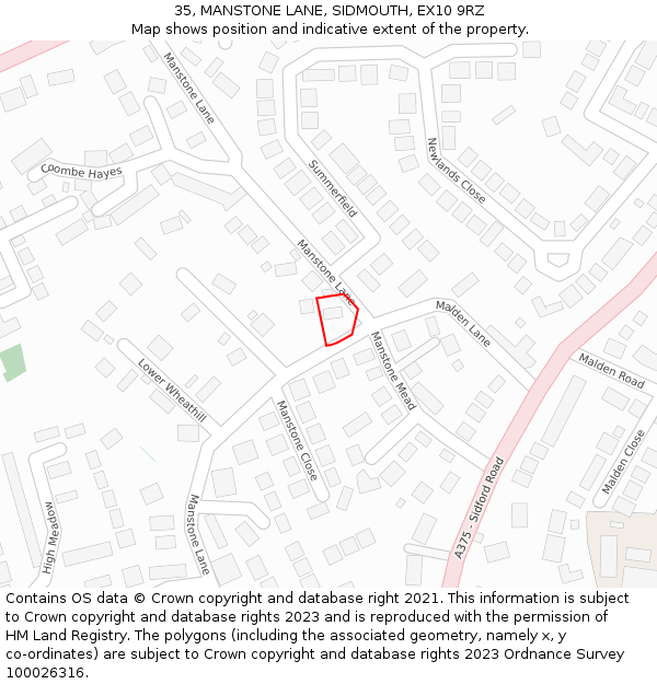 35, MANSTONE LANE, SIDMOUTH, EX10 9RZ: Location map and indicative extent of plot