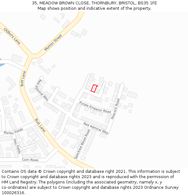 35, MEADOW BROWN CLOSE, THORNBURY, BRISTOL, BS35 1FE: Location map and indicative extent of plot