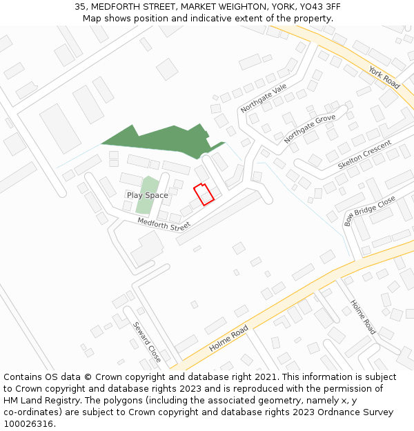 35, MEDFORTH STREET, MARKET WEIGHTON, YORK, YO43 3FF: Location map and indicative extent of plot