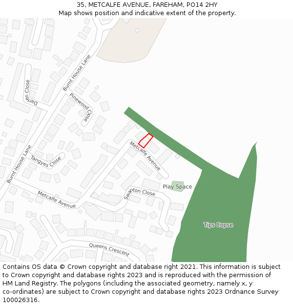 35, METCALFE AVENUE, FAREHAM, PO14 2HY: Location map and indicative extent of plot