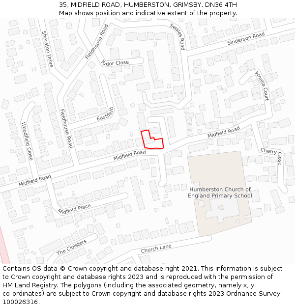 35, MIDFIELD ROAD, HUMBERSTON, GRIMSBY, DN36 4TH: Location map and indicative extent of plot