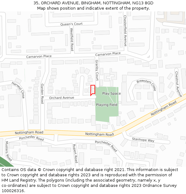 35, ORCHARD AVENUE, BINGHAM, NOTTINGHAM, NG13 8GD: Location map and indicative extent of plot