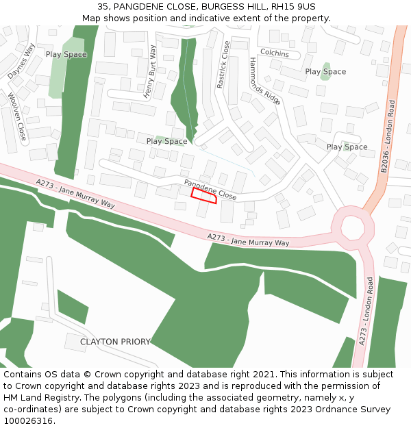 35, PANGDENE CLOSE, BURGESS HILL, RH15 9US: Location map and indicative extent of plot