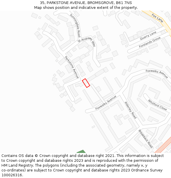 35, PARKSTONE AVENUE, BROMSGROVE, B61 7NS: Location map and indicative extent of plot