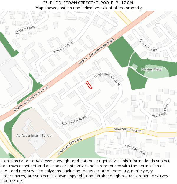 35, PUDDLETOWN CRESCENT, POOLE, BH17 8AL: Location map and indicative extent of plot