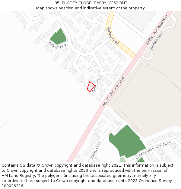 35, PURDEY CLOSE, BARRY, CF62 8NT: Location map and indicative extent of plot