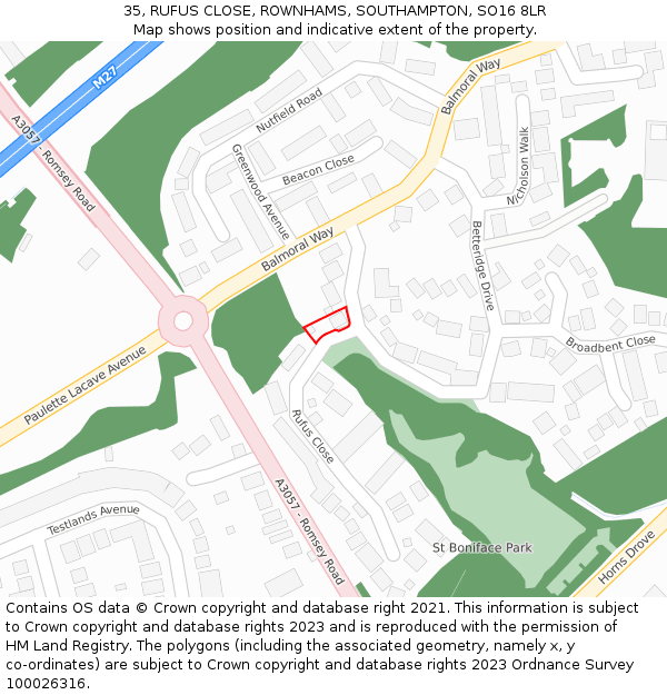 35, RUFUS CLOSE, ROWNHAMS, SOUTHAMPTON, SO16 8LR: Location map and indicative extent of plot