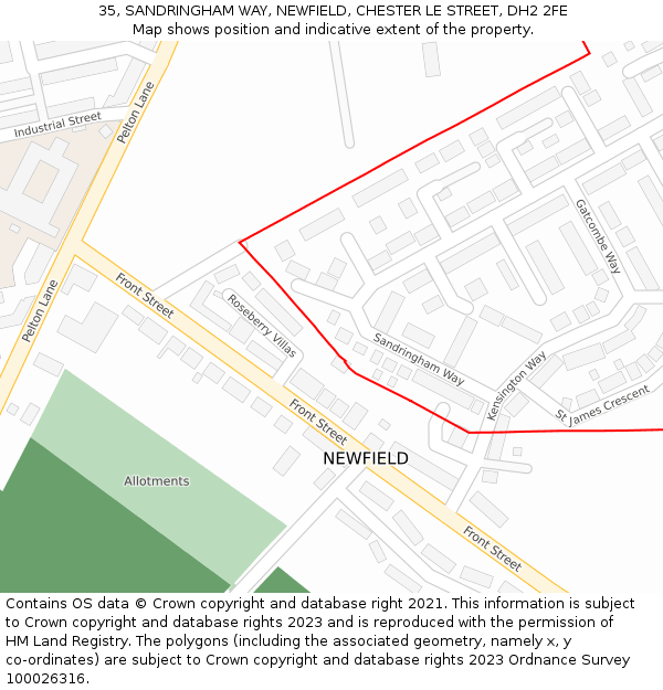 35, SANDRINGHAM WAY, NEWFIELD, CHESTER LE STREET, DH2 2FE: Location map and indicative extent of plot