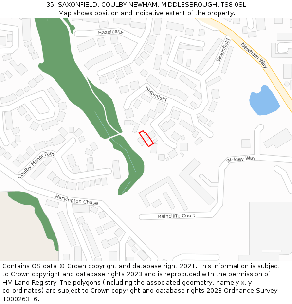 35, SAXONFIELD, COULBY NEWHAM, MIDDLESBROUGH, TS8 0SL: Location map and indicative extent of plot