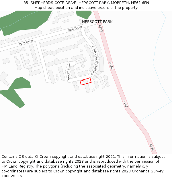 35, SHEPHERDS COTE DRIVE, HEPSCOTT PARK, MORPETH, NE61 6FN: Location map and indicative extent of plot