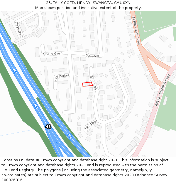 35, TAL Y COED, HENDY, SWANSEA, SA4 0XN: Location map and indicative extent of plot