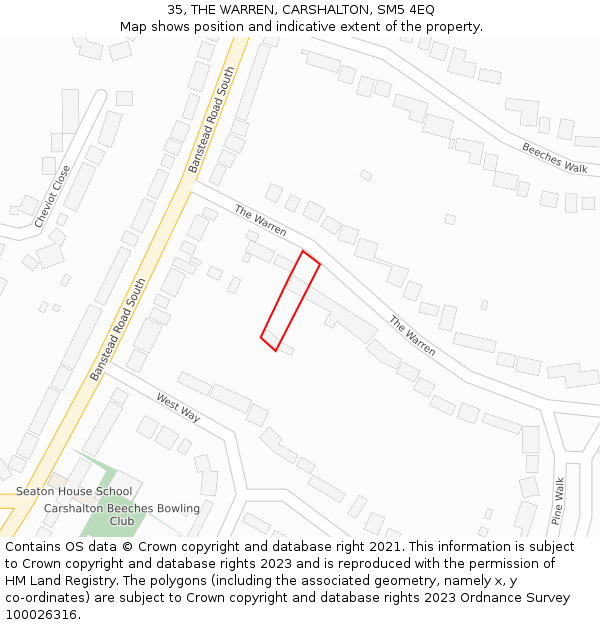 35, THE WARREN, CARSHALTON, SM5 4EQ: Location map and indicative extent of plot