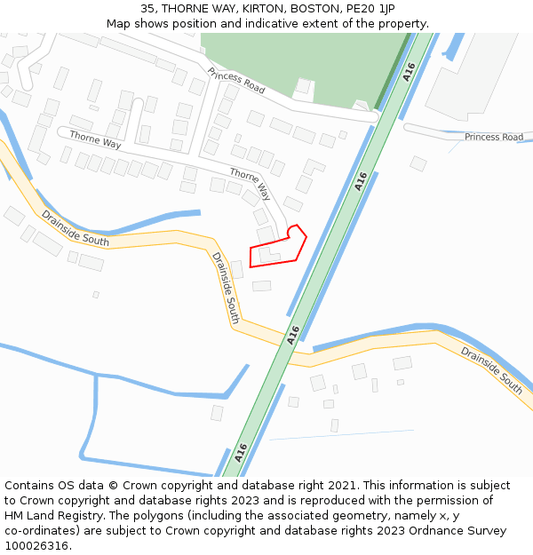 35, THORNE WAY, KIRTON, BOSTON, PE20 1JP: Location map and indicative extent of plot