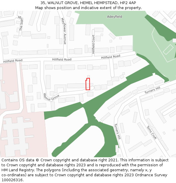 35, WALNUT GROVE, HEMEL HEMPSTEAD, HP2 4AP: Location map and indicative extent of plot