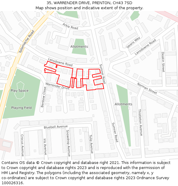 35, WARRENDER DRIVE, PRENTON, CH43 7SD: Location map and indicative extent of plot