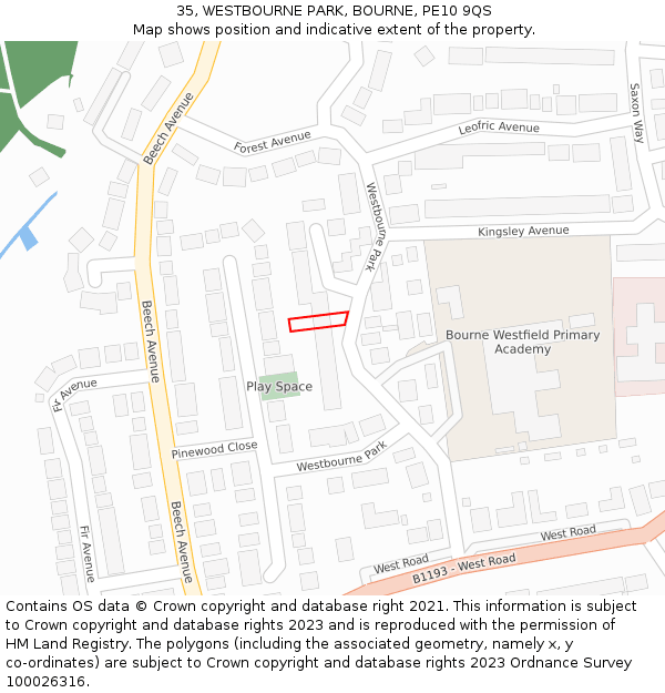 35, WESTBOURNE PARK, BOURNE, PE10 9QS: Location map and indicative extent of plot