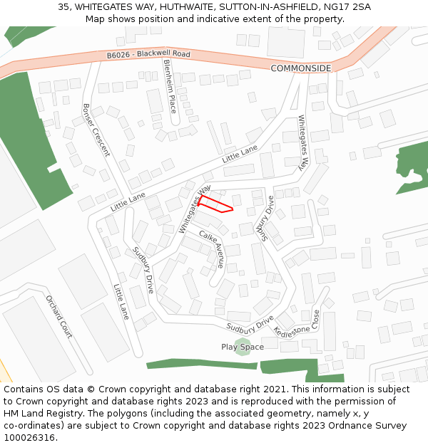 35, WHITEGATES WAY, HUTHWAITE, SUTTON-IN-ASHFIELD, NG17 2SA: Location map and indicative extent of plot