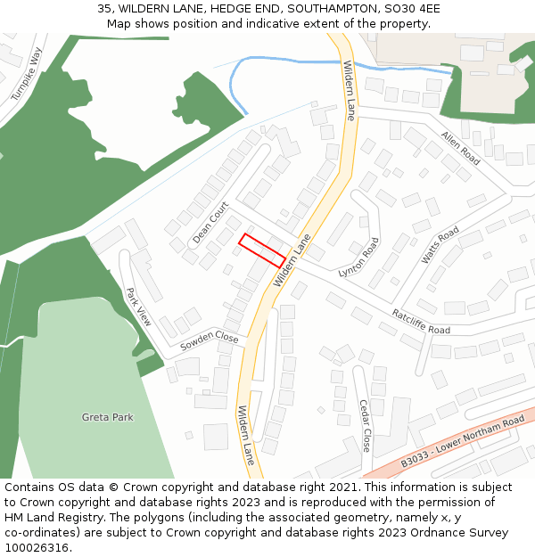 35, WILDERN LANE, HEDGE END, SOUTHAMPTON, SO30 4EE: Location map and indicative extent of plot