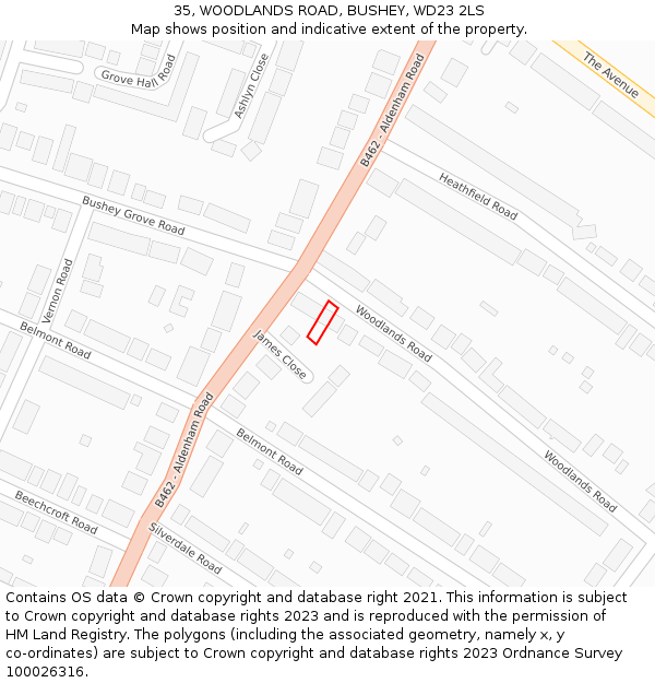 35, WOODLANDS ROAD, BUSHEY, WD23 2LS: Location map and indicative extent of plot