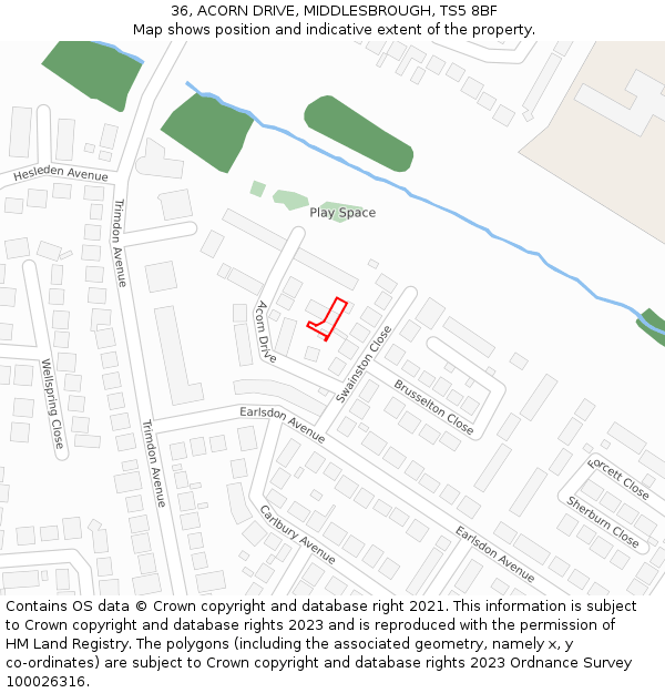 36, ACORN DRIVE, MIDDLESBROUGH, TS5 8BF: Location map and indicative extent of plot