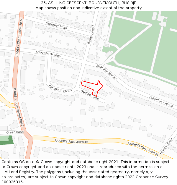 36, ASHLING CRESCENT, BOURNEMOUTH, BH8 9JB: Location map and indicative extent of plot