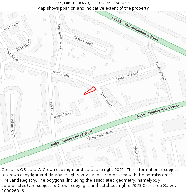 36, BIRCH ROAD, OLDBURY, B68 0NS: Location map and indicative extent of plot