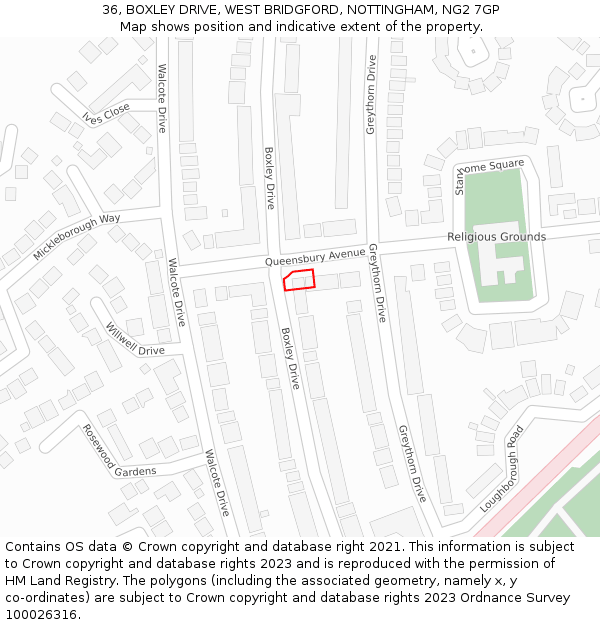 36, BOXLEY DRIVE, WEST BRIDGFORD, NOTTINGHAM, NG2 7GP: Location map and indicative extent of plot