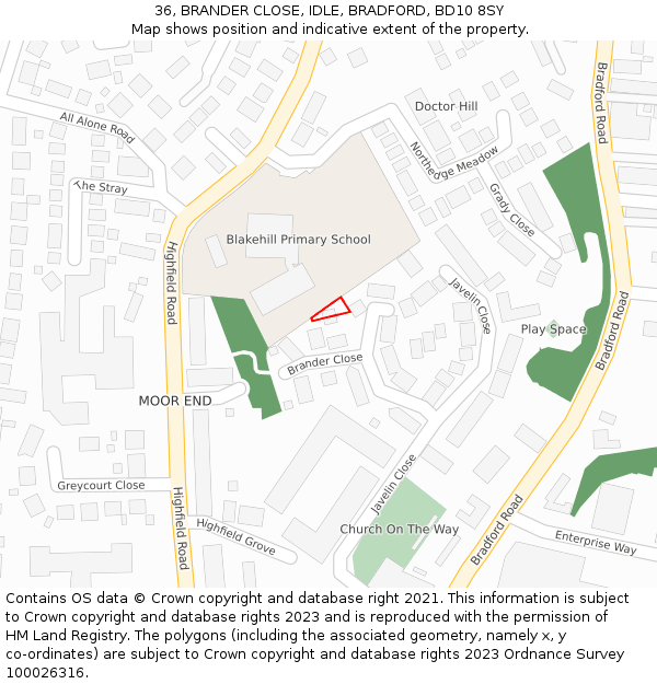 36, BRANDER CLOSE, IDLE, BRADFORD, BD10 8SY: Location map and indicative extent of plot