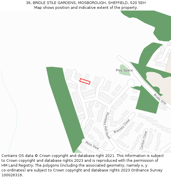 36, BRIDLE STILE GARDENS, MOSBOROUGH, SHEFFIELD, S20 5EH: Location map and indicative extent of plot