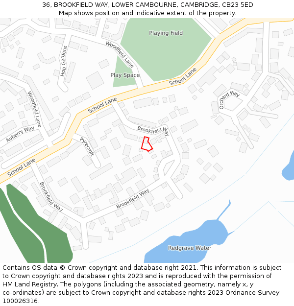 36, BROOKFIELD WAY, LOWER CAMBOURNE, CAMBRIDGE, CB23 5ED: Location map and indicative extent of plot