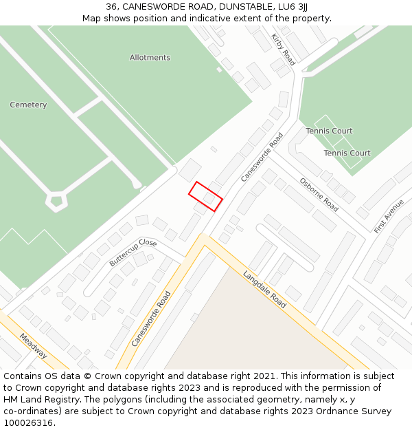 36, CANESWORDE ROAD, DUNSTABLE, LU6 3JJ: Location map and indicative extent of plot