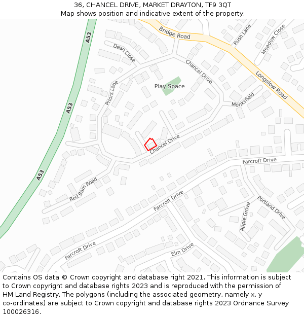 36, CHANCEL DRIVE, MARKET DRAYTON, TF9 3QT: Location map and indicative extent of plot