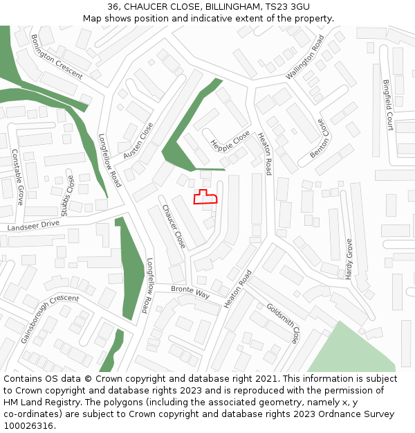 36, CHAUCER CLOSE, BILLINGHAM, TS23 3GU: Location map and indicative extent of plot