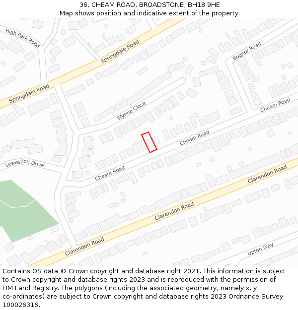 36, CHEAM ROAD, BROADSTONE, BH18 9HE: Location map and indicative extent of plot