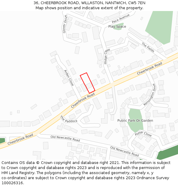 36, CHEERBROOK ROAD, WILLASTON, NANTWICH, CW5 7EN: Location map and indicative extent of plot