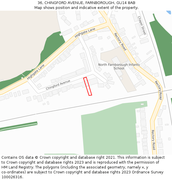 36, CHINGFORD AVENUE, FARNBOROUGH, GU14 8AB: Location map and indicative extent of plot