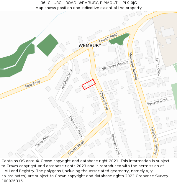 36, CHURCH ROAD, WEMBURY, PLYMOUTH, PL9 0JG: Location map and indicative extent of plot