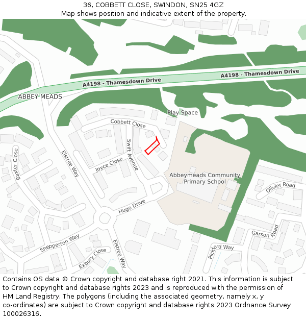 36, COBBETT CLOSE, SWINDON, SN25 4GZ: Location map and indicative extent of plot