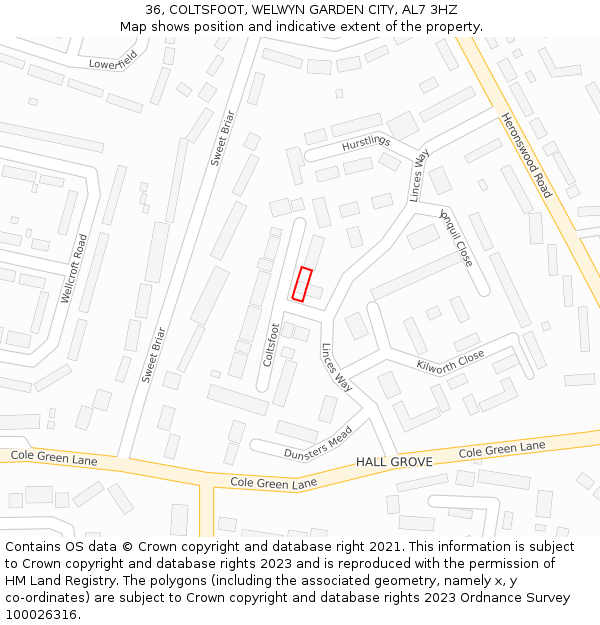 36, COLTSFOOT, WELWYN GARDEN CITY, AL7 3HZ: Location map and indicative extent of plot