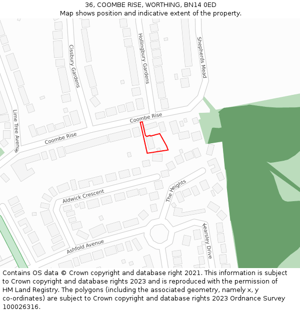 36, COOMBE RISE, WORTHING, BN14 0ED: Location map and indicative extent of plot