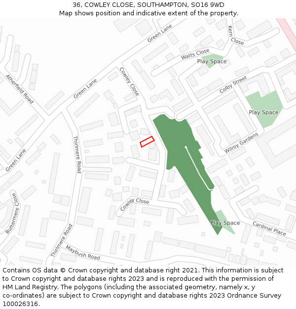 36, COWLEY CLOSE, SOUTHAMPTON, SO16 9WD: Location map and indicative extent of plot