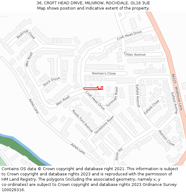 36, CROFT HEAD DRIVE, MILNROW, ROCHDALE, OL16 3UE: Location map and indicative extent of plot